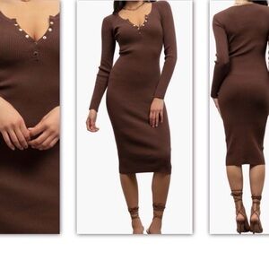 Chic Long Sleeve Brown Midi Dress